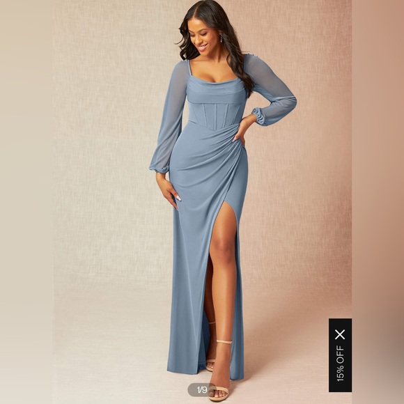 Azazie Charissa Dusty Blue Corset Pleated Mesh Dress - Picture 1 of 4